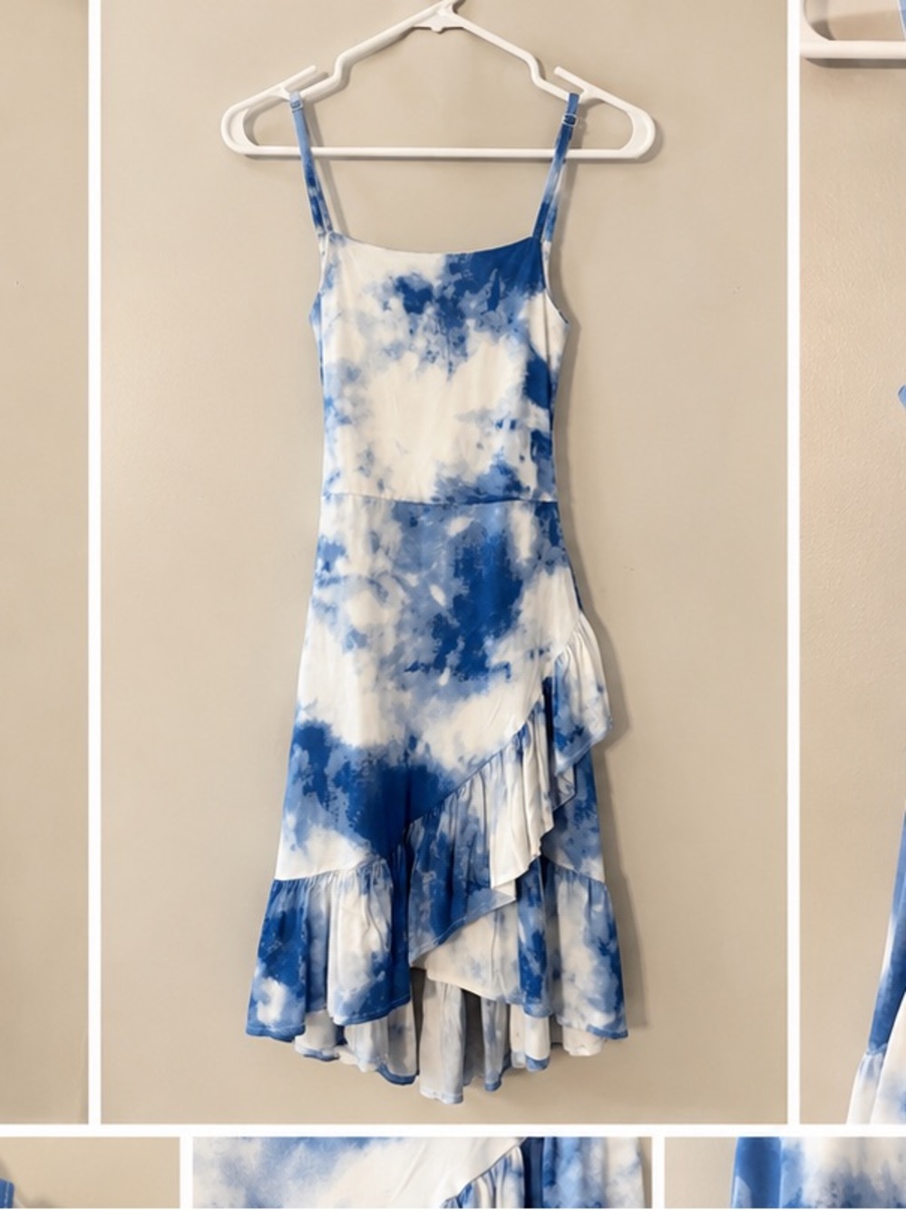BCBGirls Blue and White Tie-Dye Ruffle Slip Dress
